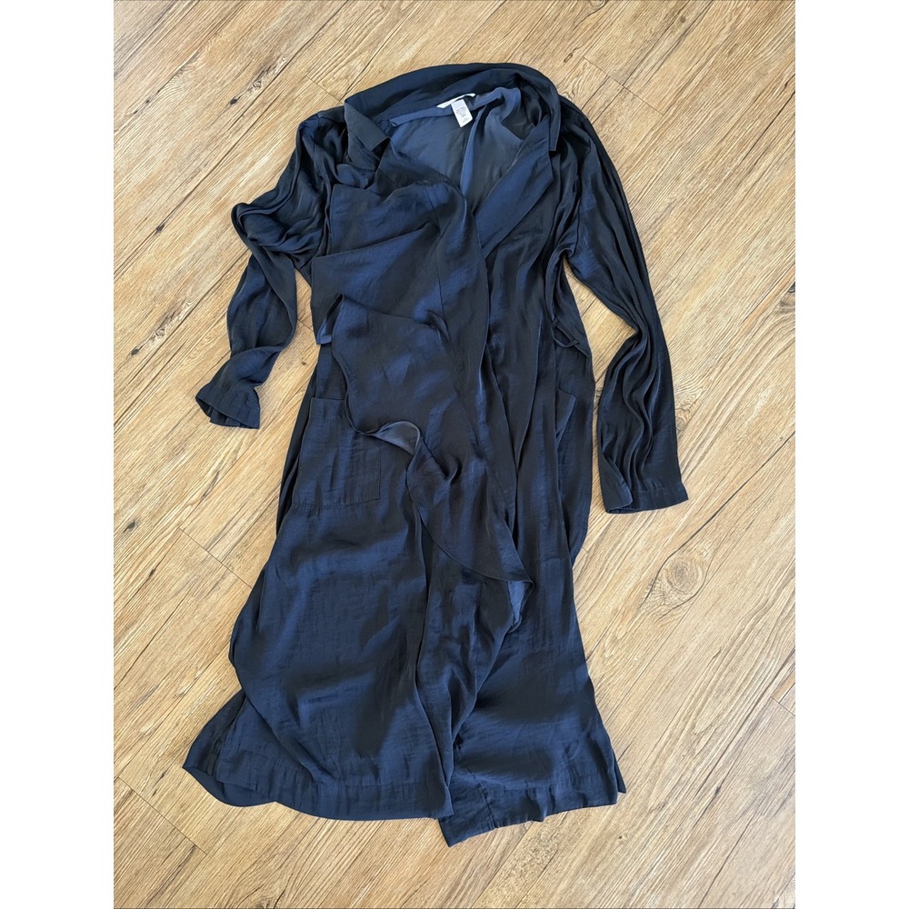 Victoria Secret Size Large Long Satin Ruffle Black Robe Long Sleeve